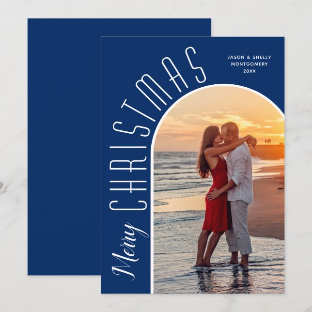 Merry Christmas Photo Dusty Navy Blue Holiday Card (Front/Back)