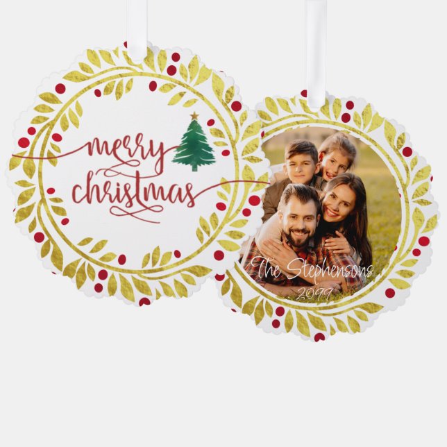 Merry Christmas Photo Faux Gold Wreath Script Ornament Card (Front/Back)
