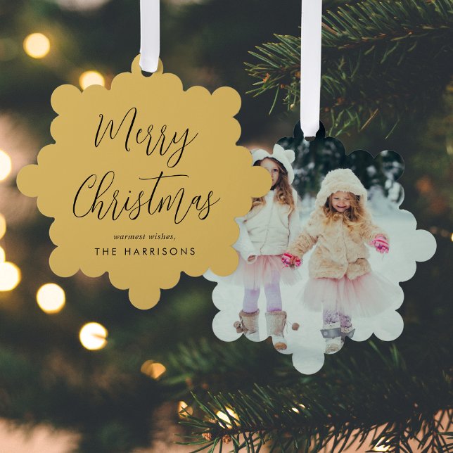 Merry Christmas Photo Gold Holiday Ornament Card (Share the love and warmth of the holiday season with a photo paper ornament card)