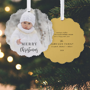 Merry Christmas Photo Gold Holiday Ornament Card