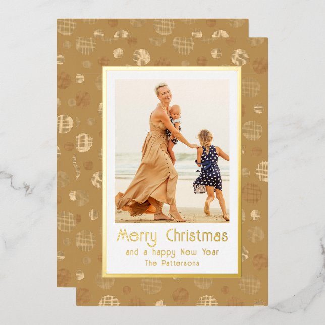 Merry Christmas Photo Gold Modern Polka Dot Foil Holiday Card (Front/Back)