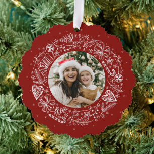 Merry Christmas Photo Gold wreath Red Ornament Card