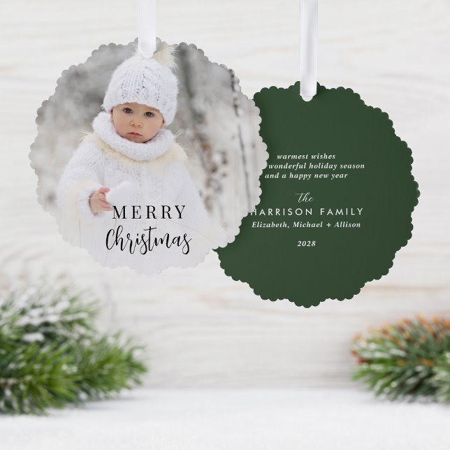 Merry Christmas Photo Green Holiday Ornament Card (Share the love and warmth of the holiday season with a photo paper ornament card)