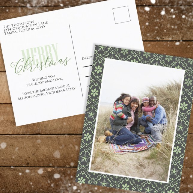 Merry Christmas Photo Green Pattern Elegant Holiday Postcard (Creator Uploaded)