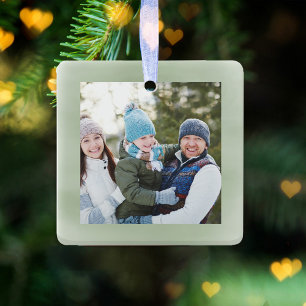 Merry Christmas Photo Green Script Simple Ceramic Ornament