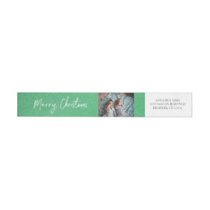 Merry Christmas & Photo Green Snow Custom - White  Wrap Around Label