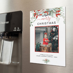 Merry Christmas Photo Greenery Holiday Magnet Card