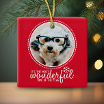 Merry Christmas Photo Greeting Card Red Wonderful Ceramic Ornament<br><div class="desc">It's the most wonderful time of the year! A simple and modern holiday design that highlights your photos. If you have any problems with your pictures or text,  click on the customize button and you will be able to move things around and make changes.</div>