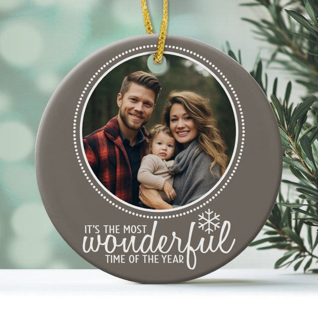 Merry Christmas - Photo Greeting Card Template Ceramic Ornament (A modern photo ornament with a neutral color border and holiday message)