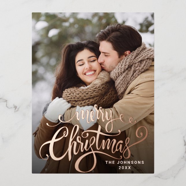 Merry Christmas PHOTO Greeting Rose Gold Foil Holiday Postcard (Front)