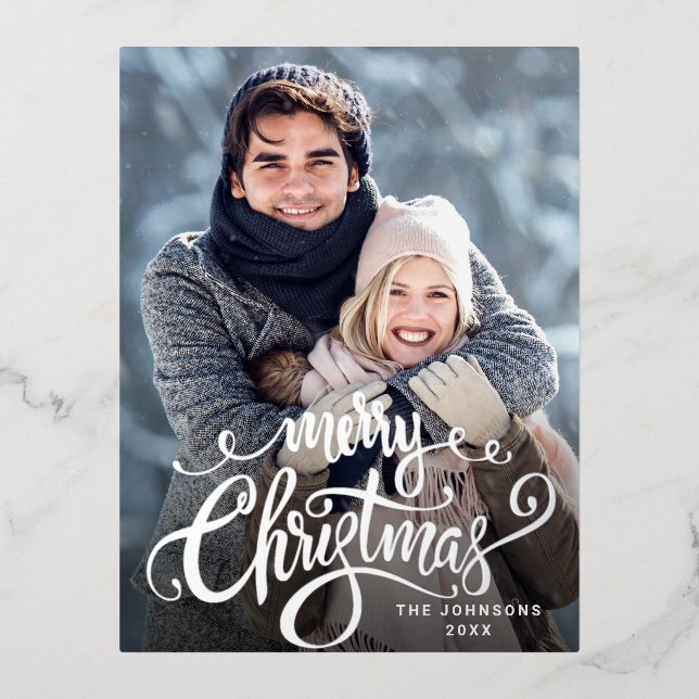 Merry Christmas PHOTO Greeting Silver Foil Holiday Postcard (Front)
