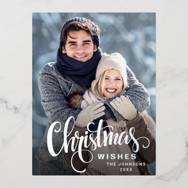 Merry Christmas PHOTO Greeting Silver Foil Holiday Postcard (Front)