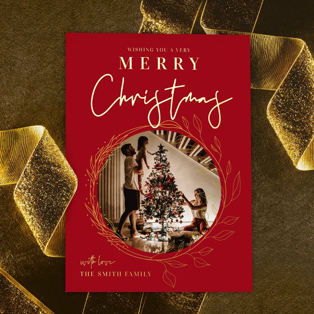 Merry Christmas Photo Holly Wreath Foil Card (Red and gold foil big photo Christmas holiday card with elegant wreath photo frame effect)