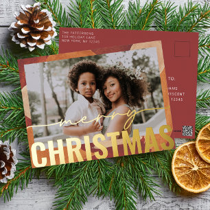 Merry Christmas Photo Modern Abstract Watercolor Foil Holiday Postcard