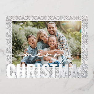 Merry Christmas Photo Modern Festive Pattern Foil Holiday Postcard