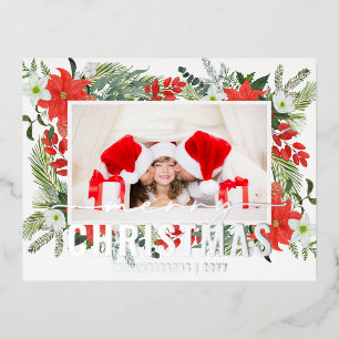 Merry Christmas Photo Modern Watercolor Red Floral Foil Holiday Postcard