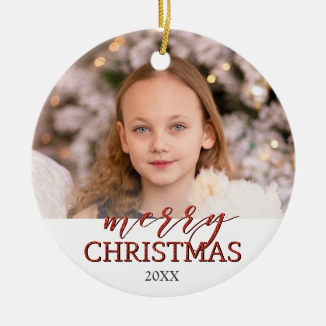 Merry Christmas photo ornament | red glittering (Front)