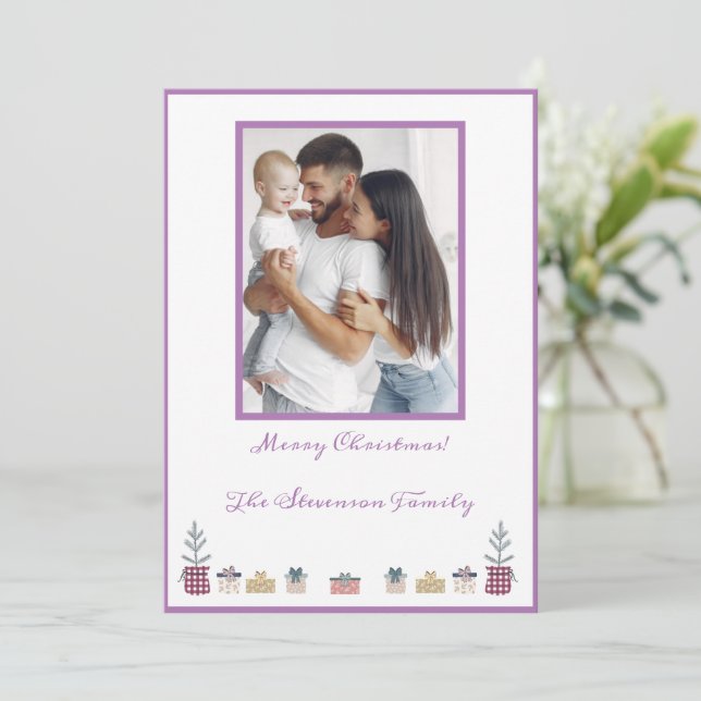 Merry Christmas Photo Personalized Purple Modern Holiday Card (Standing Front)