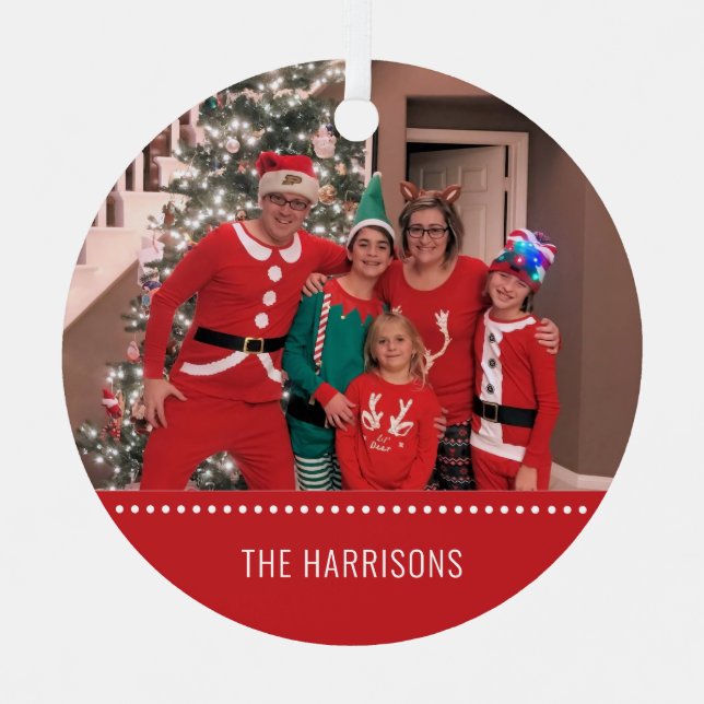 Merry Christmas Photo Personalized Round Red Metal Ornament (Front)