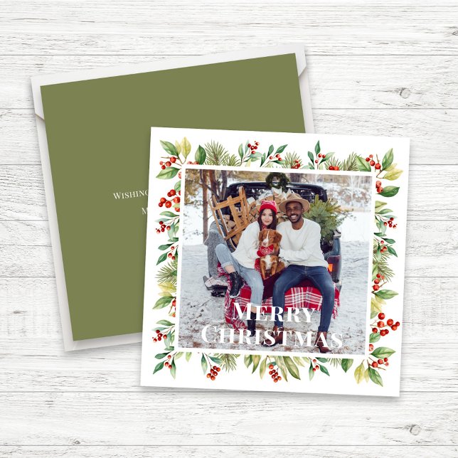 Merry Christmas Photo Red Holly Botanical Greenery Holiday Card (Christmas Photo Card with watercolor red holly berries greenery and simple square template.)