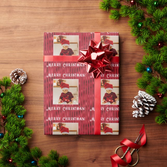 Merry Christmas Photo Red Metallic Stripe Wrapping Paper (Holiday Gift)