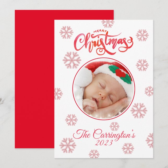 Merry Christmas Photo Red Plaid Snowflakes Holiday (Front/Back)