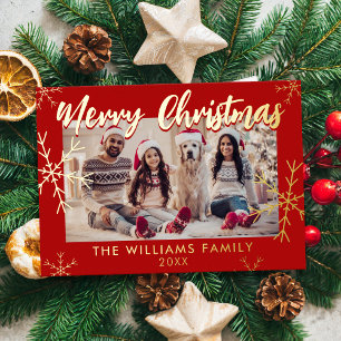 Merry Christmas Photo Red Snowflakes Foil Holiday Card