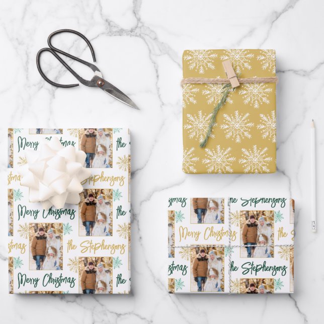 Merry Christmas Photo Script Name Gold Green Wrapping Paper Sheet (Front)