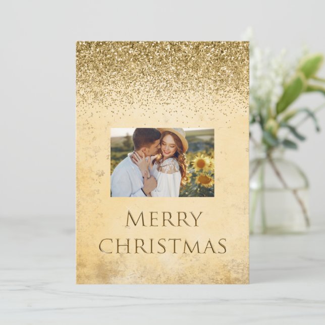 Merry Christmas Photo Typography Glitter Elegant Holiday Card (Standing Front)