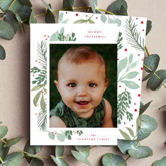 Merry Christmas Photo Watercolor Green Botanical Holiday Card