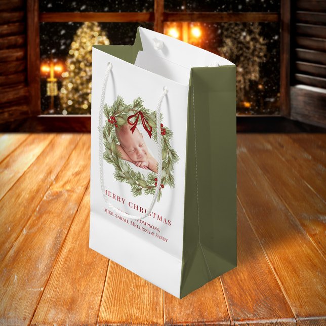 Merry Christmas Photo Watercolor Greenery Wreath  Small Gift Bag (Merry Christmas holiday wreath greenery photo gift bag)