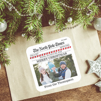 Merry Christmas Photo Whimsical Newspaper Print Square Sticker