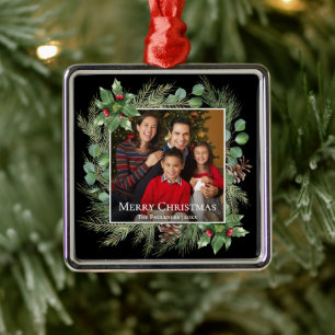 Merry Christmas Photo Wreath Botanical Metal Ornament