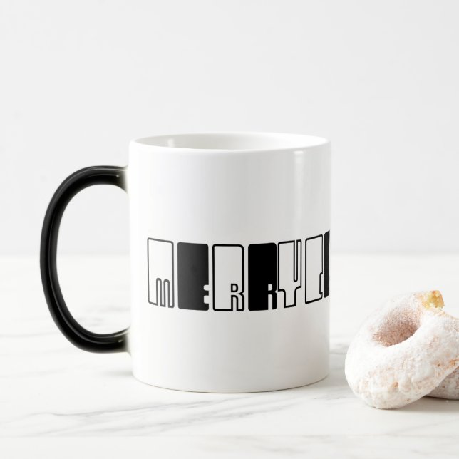 Merry Christmas Piano Keys Typography Black White Magic Mug (With Donut)