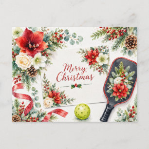 Merry Christmas Pickleball Floral Greeting Card   