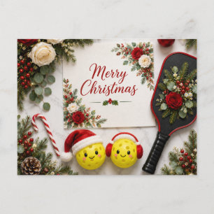 Merry Christmas Pickleball Floral Greeting Card   