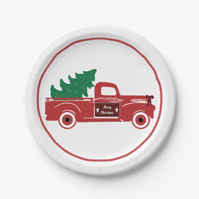Merry Christmas pickup and tree Paper Plate (Front)