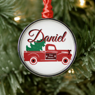 Merry Christmas pickup and tree peronalized Metal Ornament