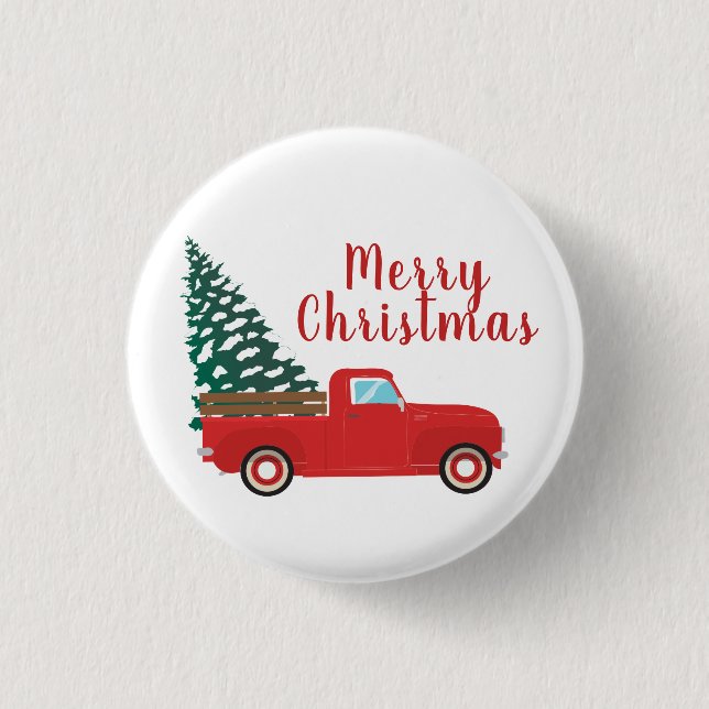 Merry Christmas Pickup Truck With Tree Red 1 Inch Round Button (Front)
