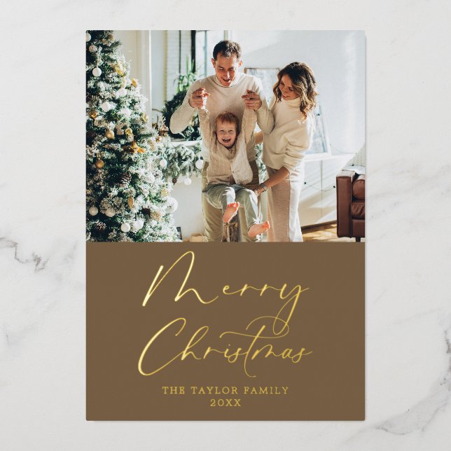 Merry Christmas Picture Brown with Gold Foil Holiday Card (Front)