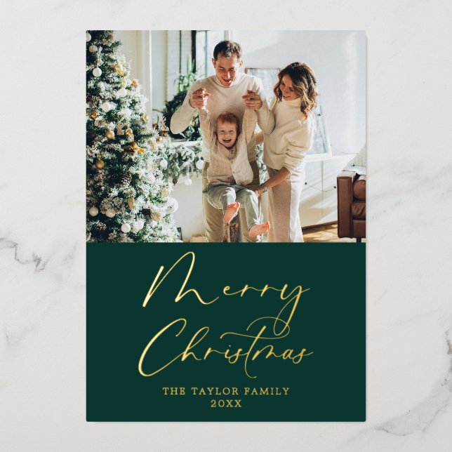Merry Christmas Picture Green with Gold Foil Holiday Card (Front)