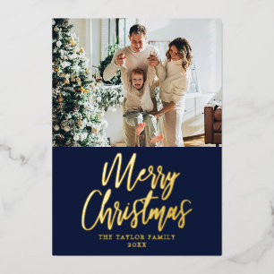 Merry Christmas Picture Navy Blue Modern Gold Foil Holiday Card
