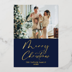 Merry Christmas Picture Navy Blue with Gold Foil Holiday Card