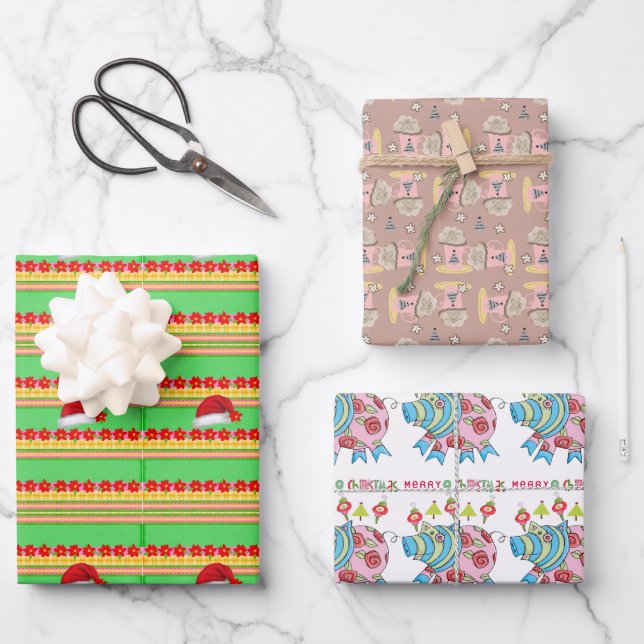 Merry Christmas Pig Coffee Wrapping Paper Sheets (Front)