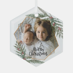 Merry Christmas pine and berries photo Glass Ornament