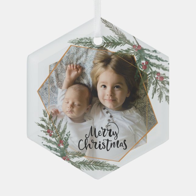 Merry Christmas pine and berries photo Glass Ornament (Front)