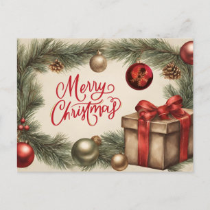 Merry Christmas Pine Branch with Ornaments Holiday Postcard