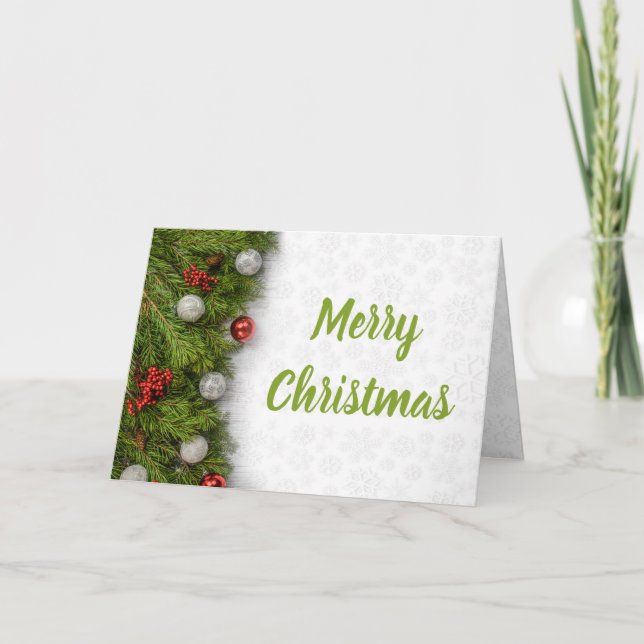 Merry Christmas Pine Branches with Ornaments Card (Front)