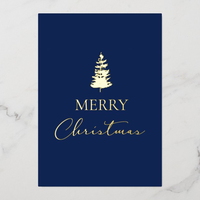 Merry Christmas pine Company name Blue Gold  Foil Holiday Card (Front)