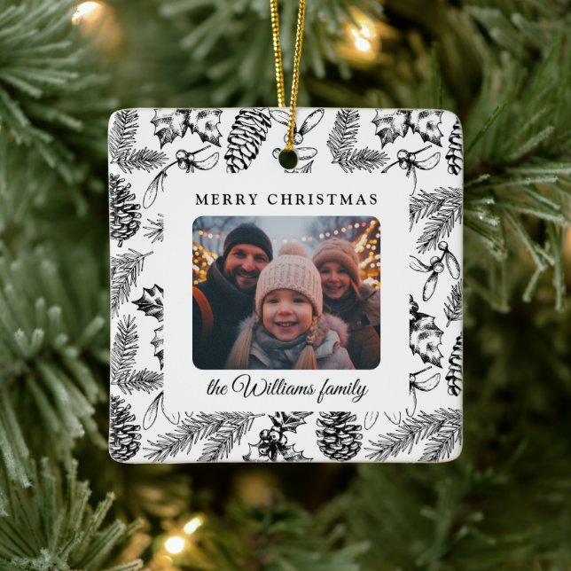 Merry Christmas Pine Cone Family Photo  Ceramic Ornament (Tree)